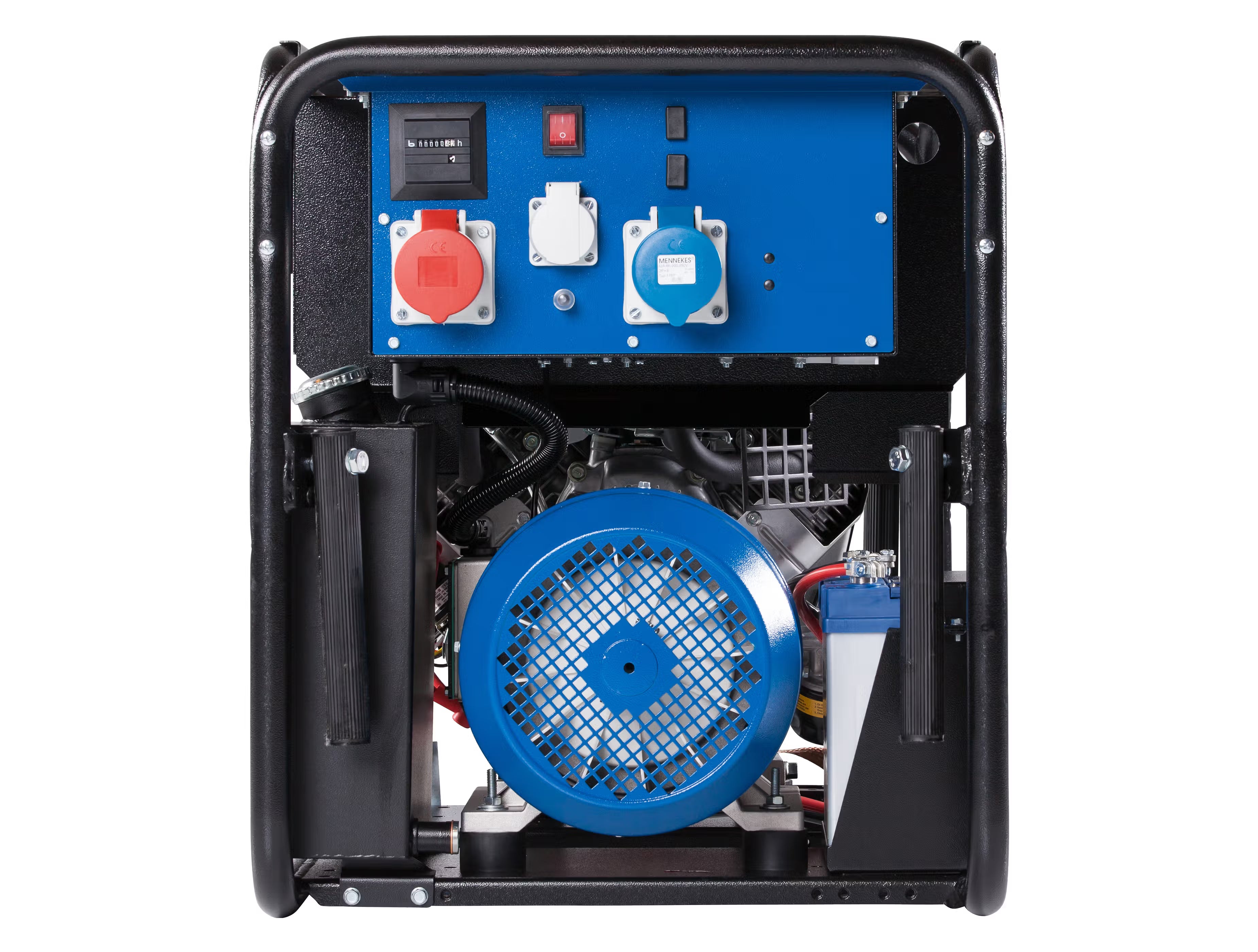Side view of a blue and black generator with 3 electric sockets and one switch button.