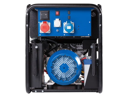Side view of a blue and black generator with 3 electric sockets and one switch button.