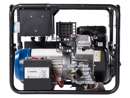 Back view of a black generator with visible Varta battery on white background