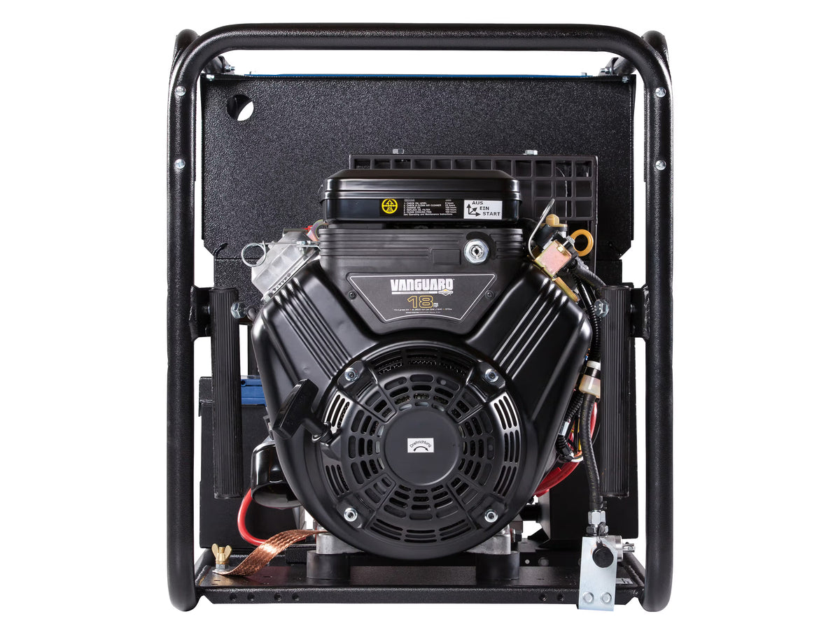 Side view of a black generator with visible 'Vanguard' engine on a white background