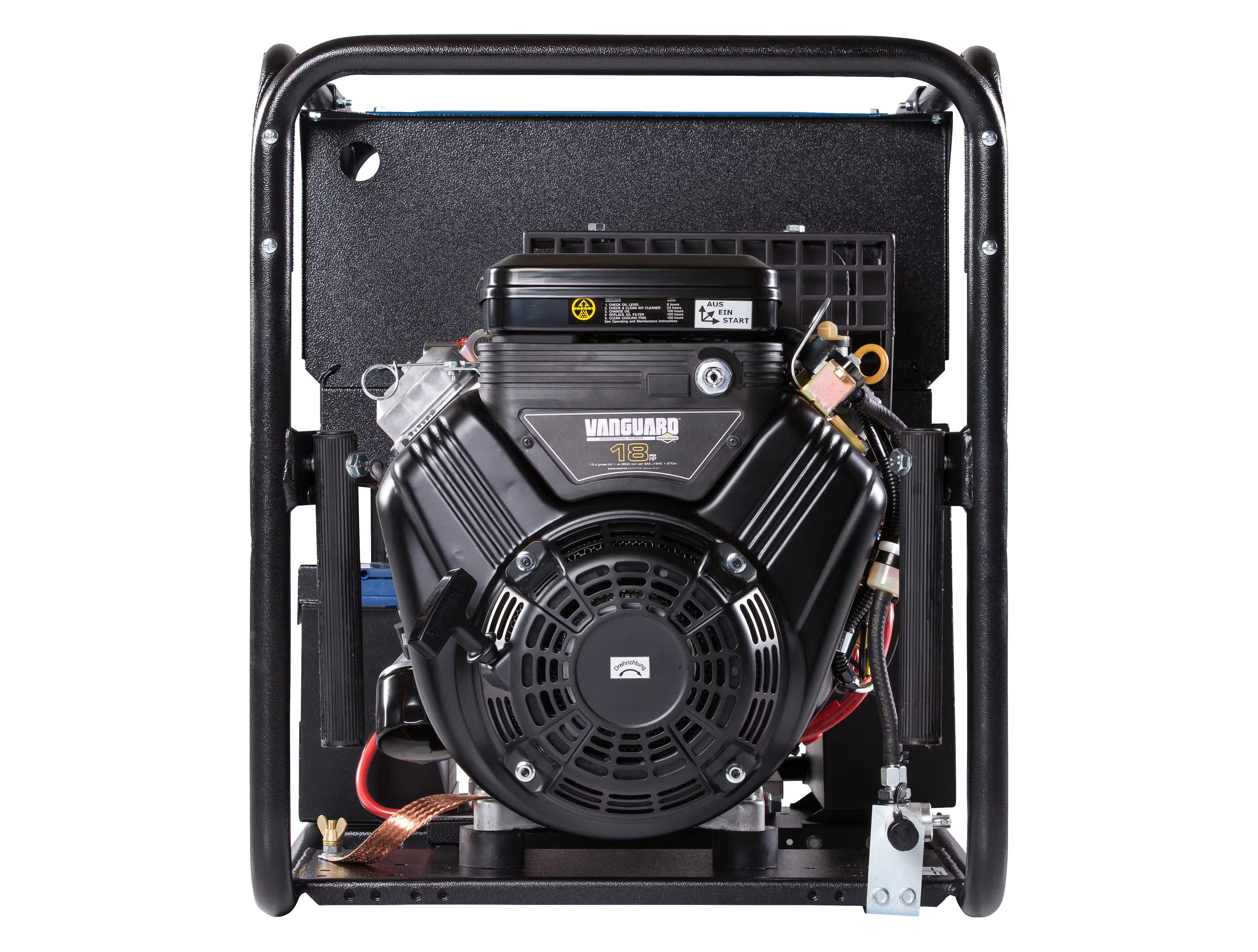 Side view of a black generator with visible 'Vanguard' engine on a white background