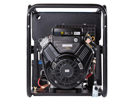 Side view of a black generator with visible 'Vanguard' engine on a white background